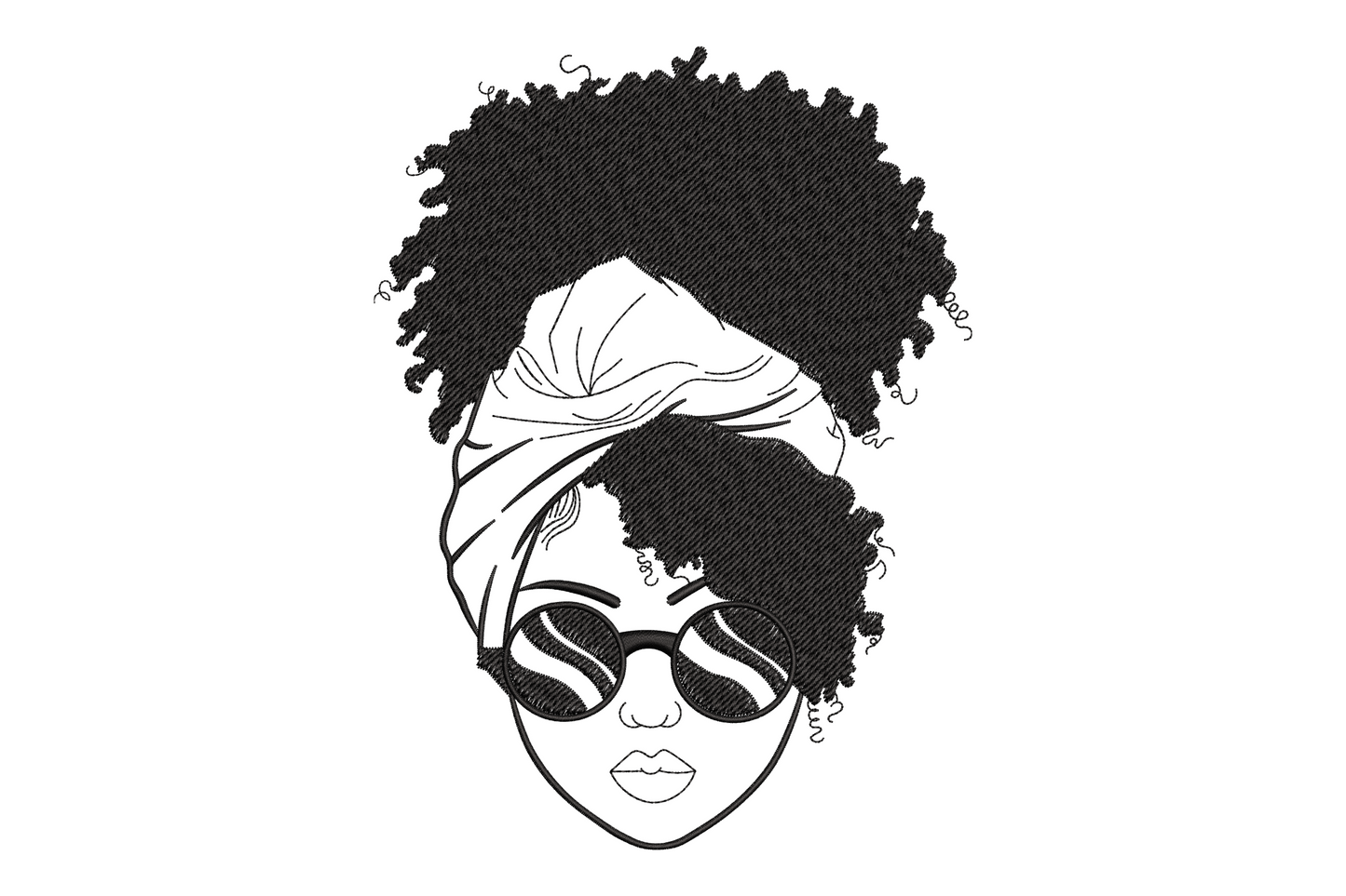 Afro woman embroidery design with dense satin-filled natural hair and large round sunglasses in black line art, front-facing portrait.