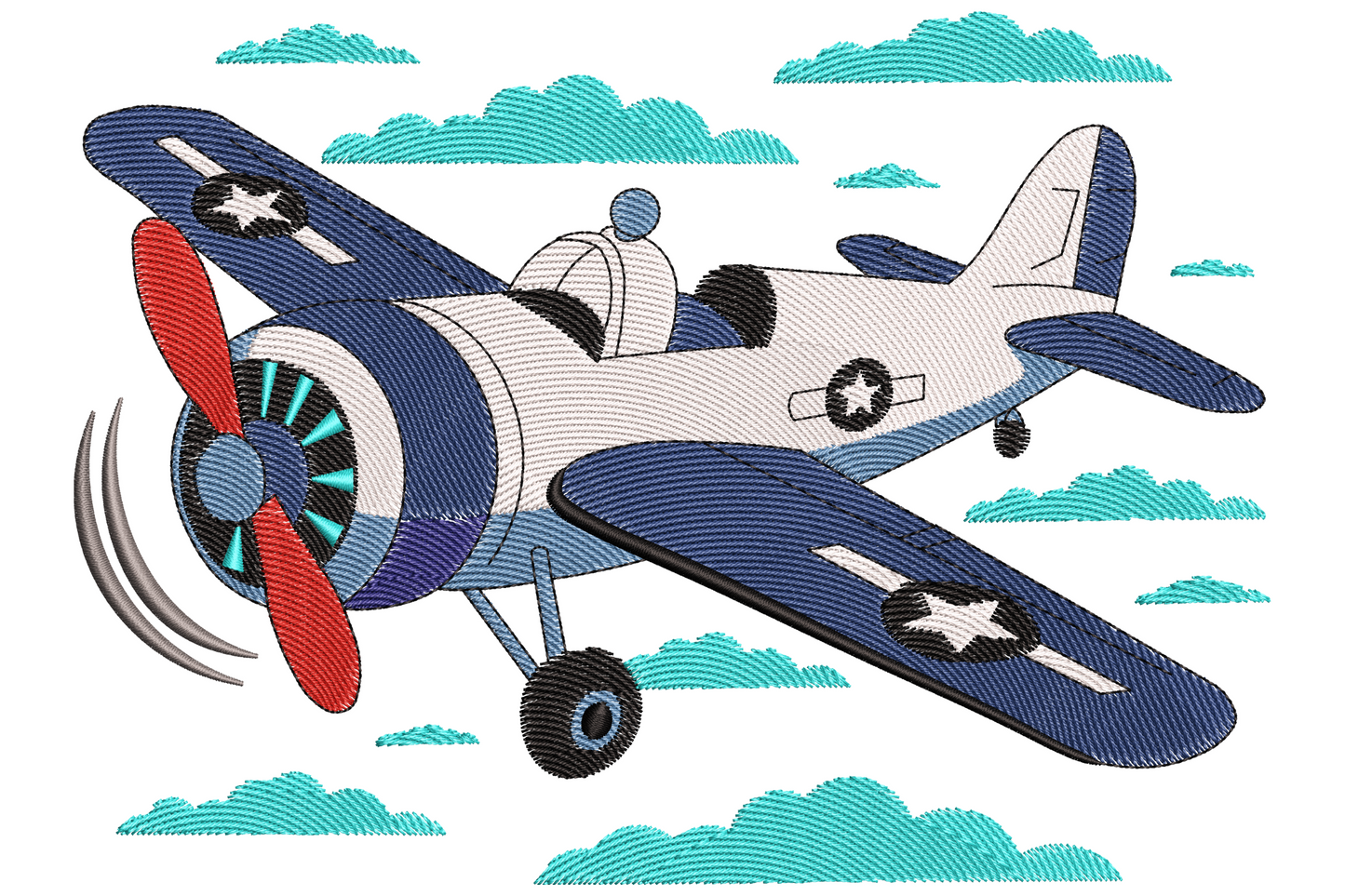Vintage biplane embroidery in navy and steel blue with red propeller, white star roundels and puffy aqua cloud clusters.
