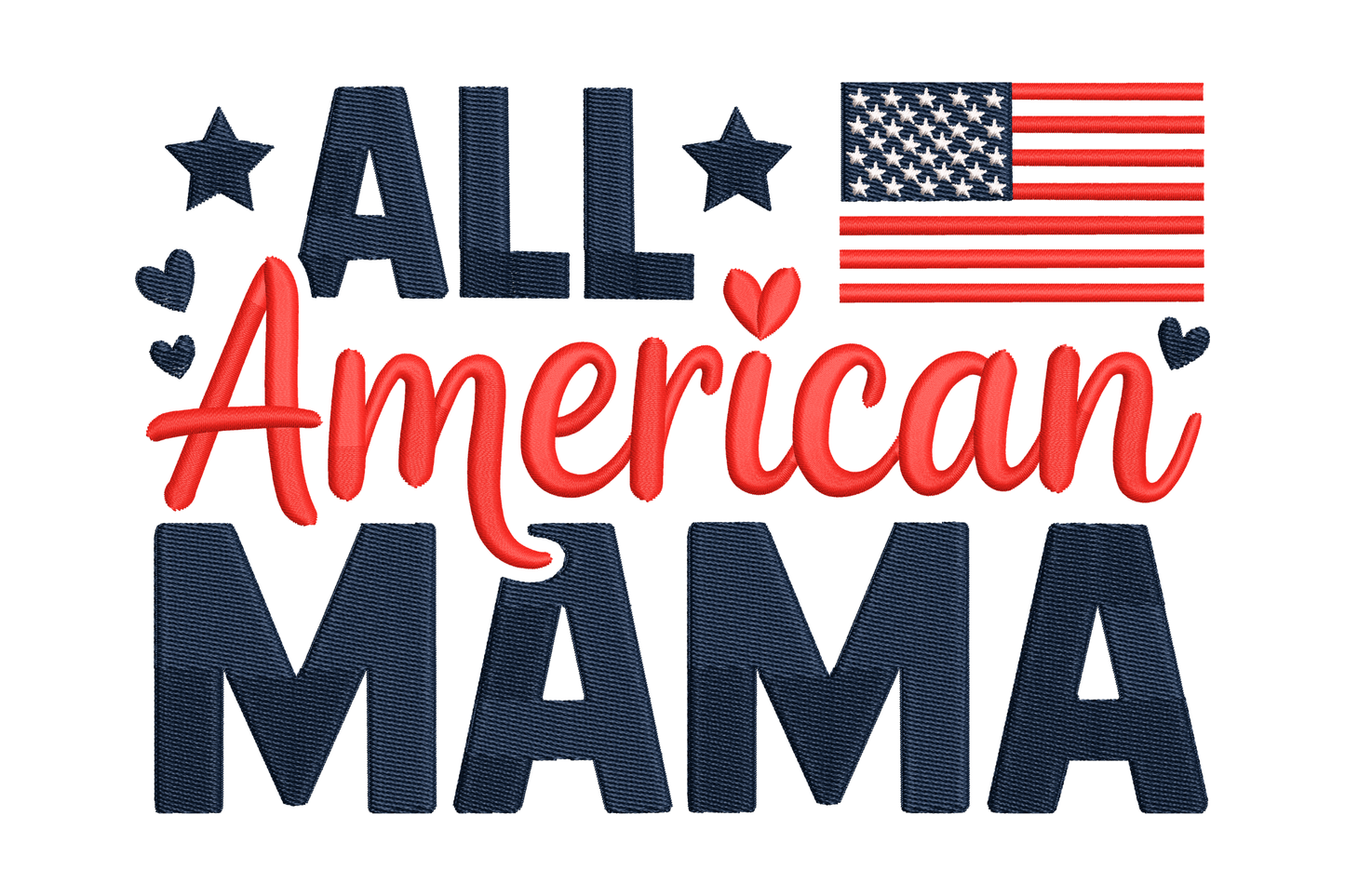 Embroidery design with 'All American Mama' text and American flag