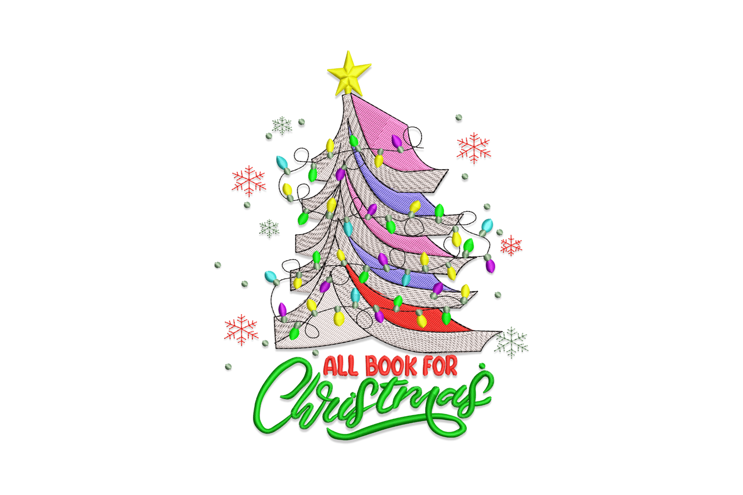 All booked for Christmas embroidery design, abstract ribbon tier tree with fairy lights and snowflakes, green and red script, 12 colours.