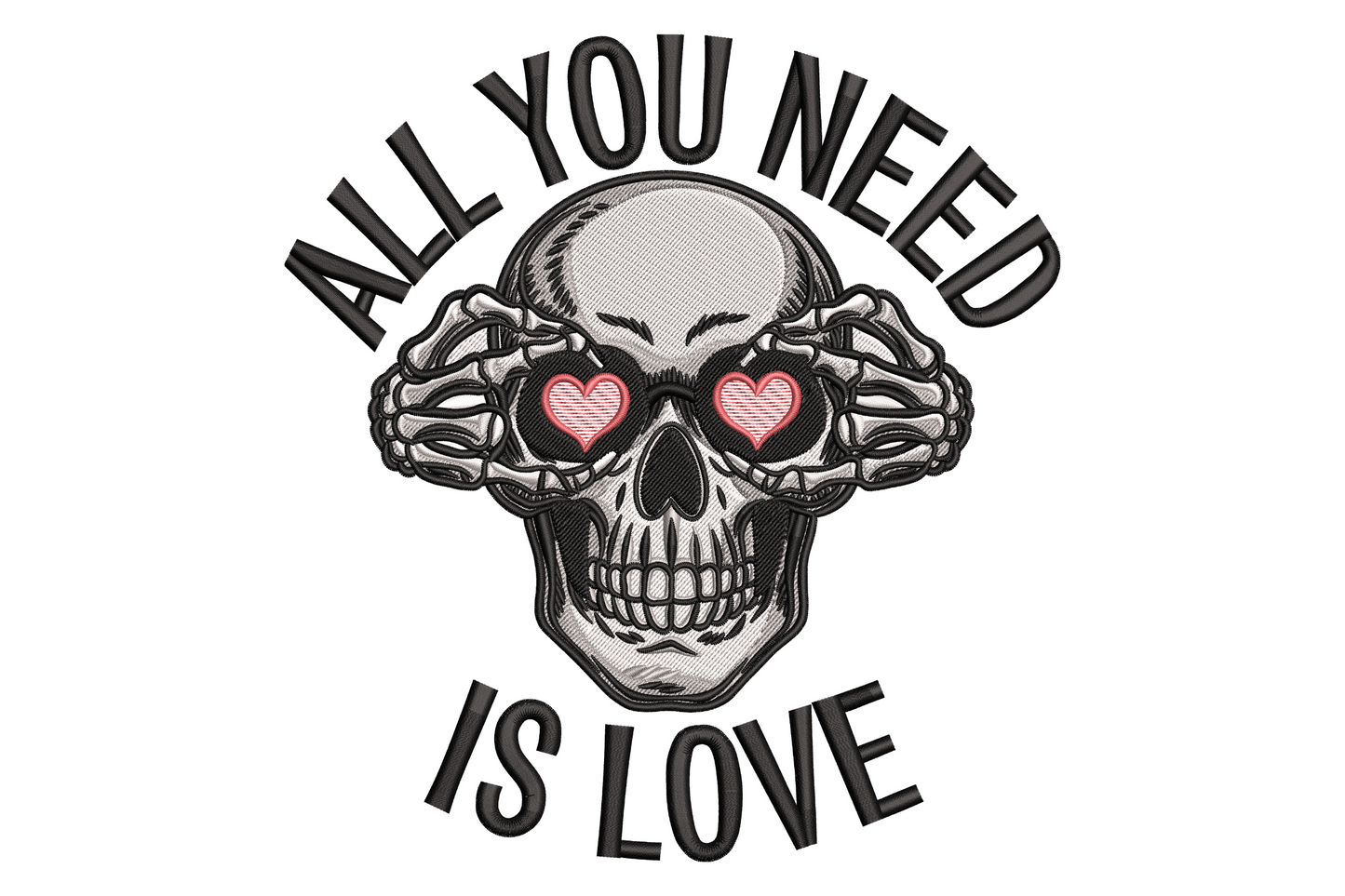 Skull with skeletal hands covering eyes peek a boo style with pink heart pupils and gothic valentines lyric arched in caps