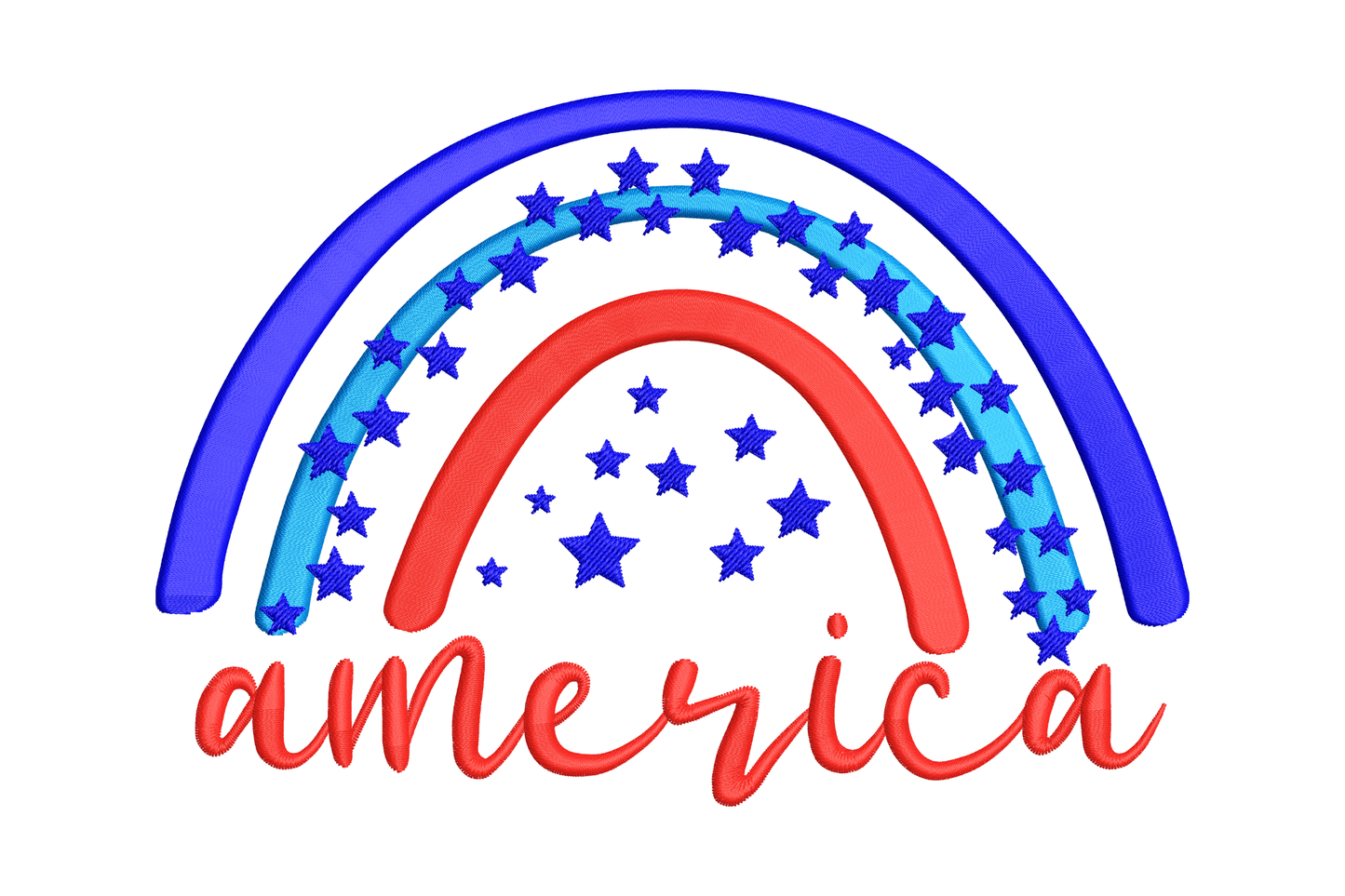 America patriotic rainbow embroidery with royal blue and red arches, star-filled centre band and red cursive america script.