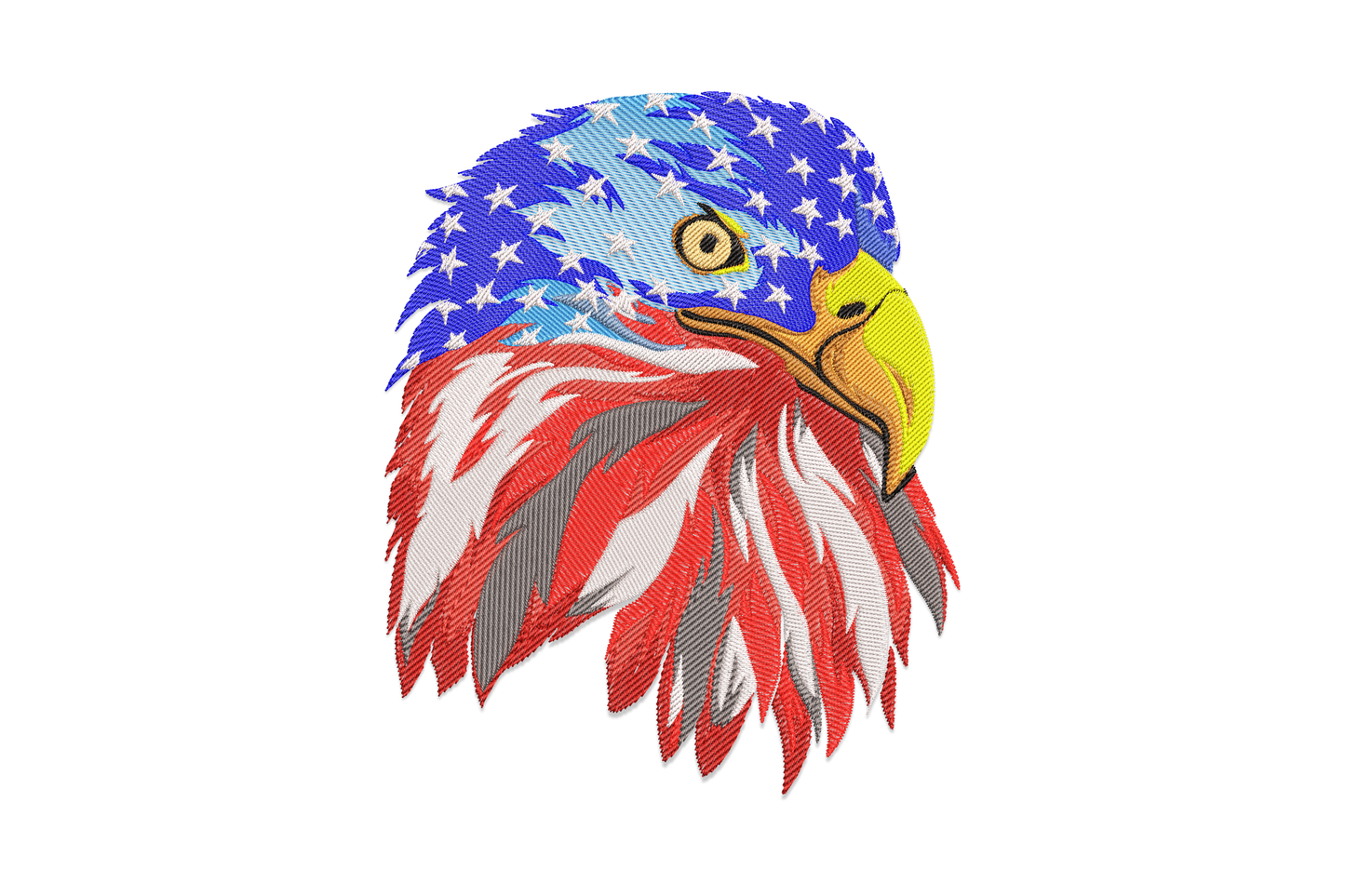 American flag eagle head embroidery design with a blue star-filled crown, red and white feather stripes, and a golden yellow beak on white background.