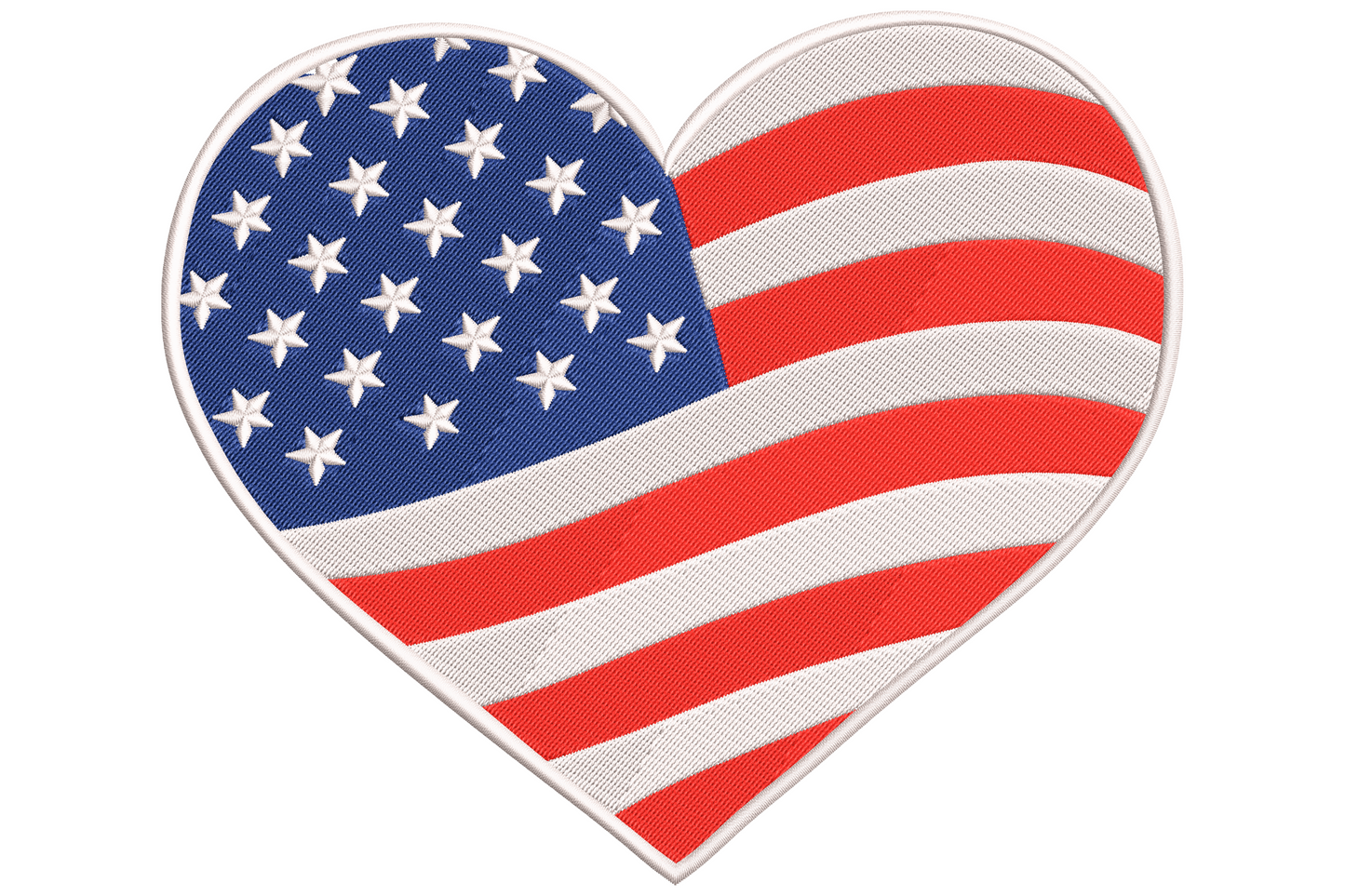 American flag heart embroidery design with navy blue star canton and diagonal red and white satin stripes shaped into a heart.