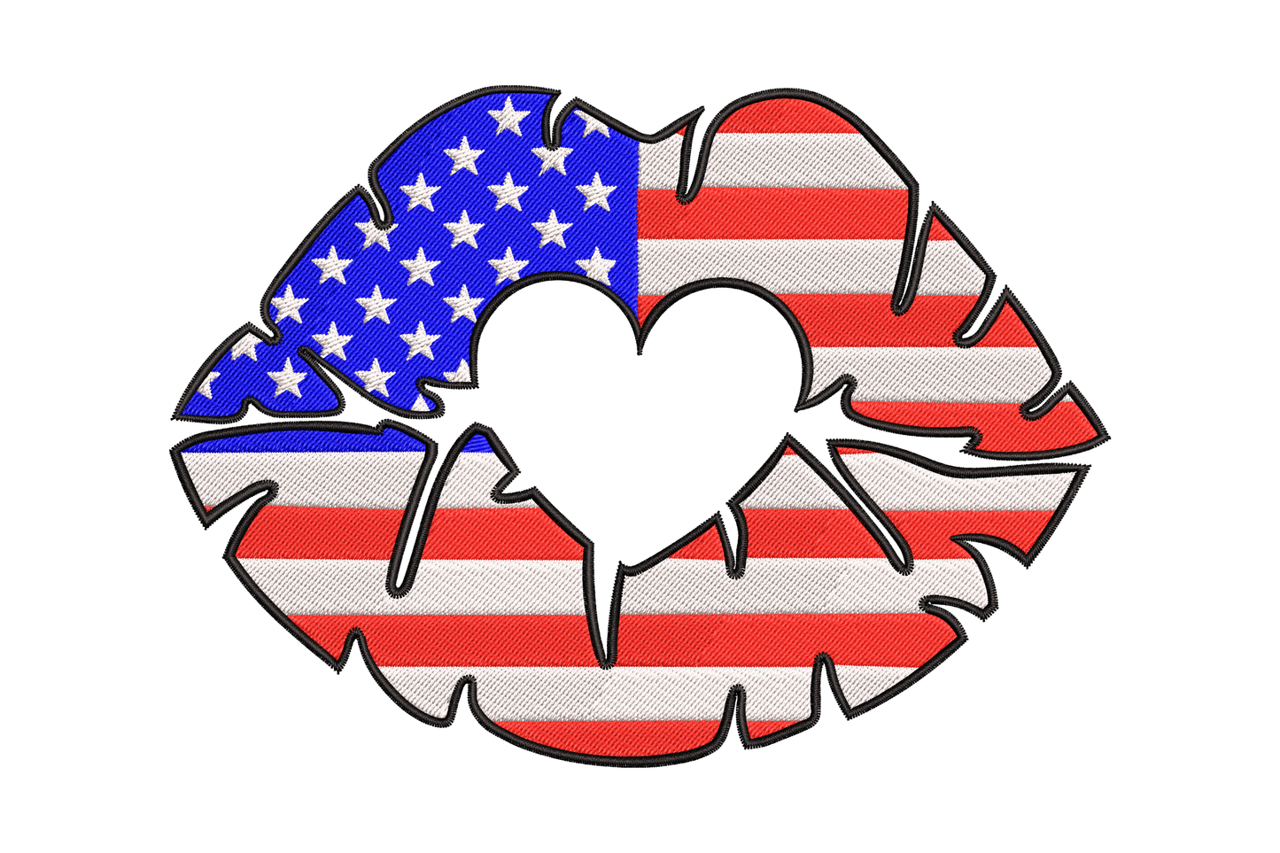American flag lips embroidery, blue star canton, red stripe fill, heart cutout centre and thick black satin outline.