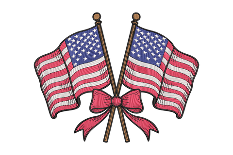 Two crossed American flags with a pink bow in the center embroidery design