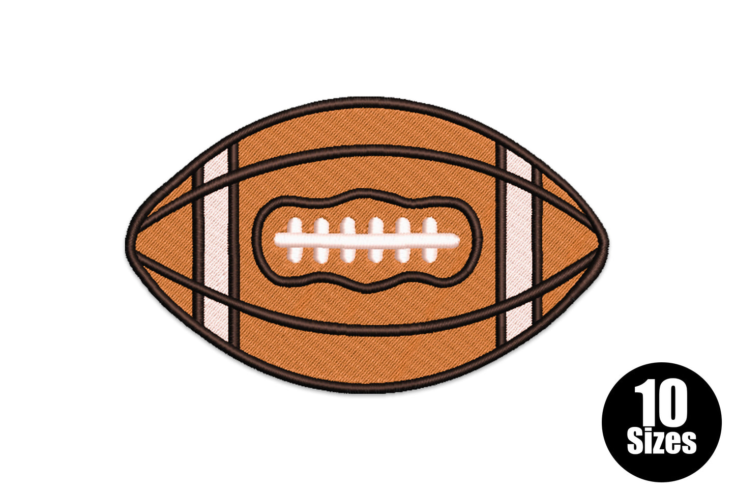 American football embroidery with tan fill, dark brown outline, white stripe panels and lace detail in the centre