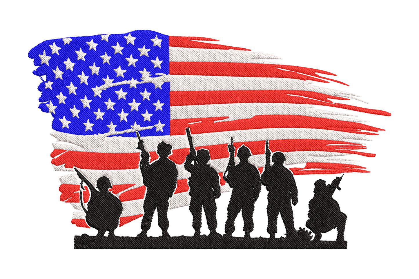 Soldier silhouettes beneath a distressed American flag embroidery design, black blue white and red thread, military tribute