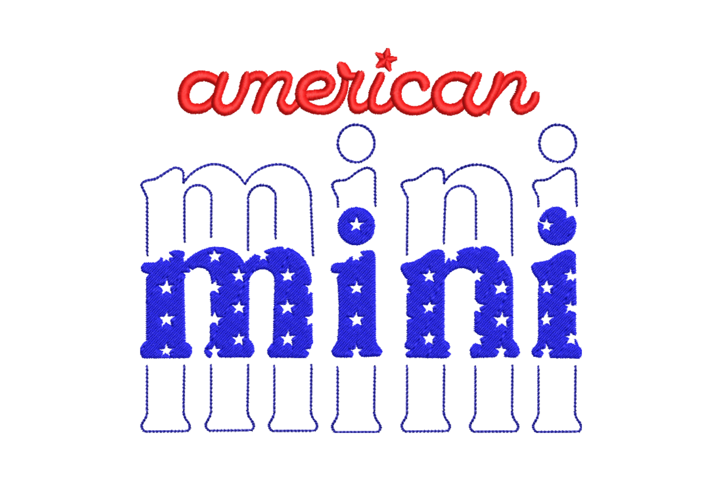 American Mini stacked text embroidery design in red script and royal blue star-filled letters for kids, 4th of July