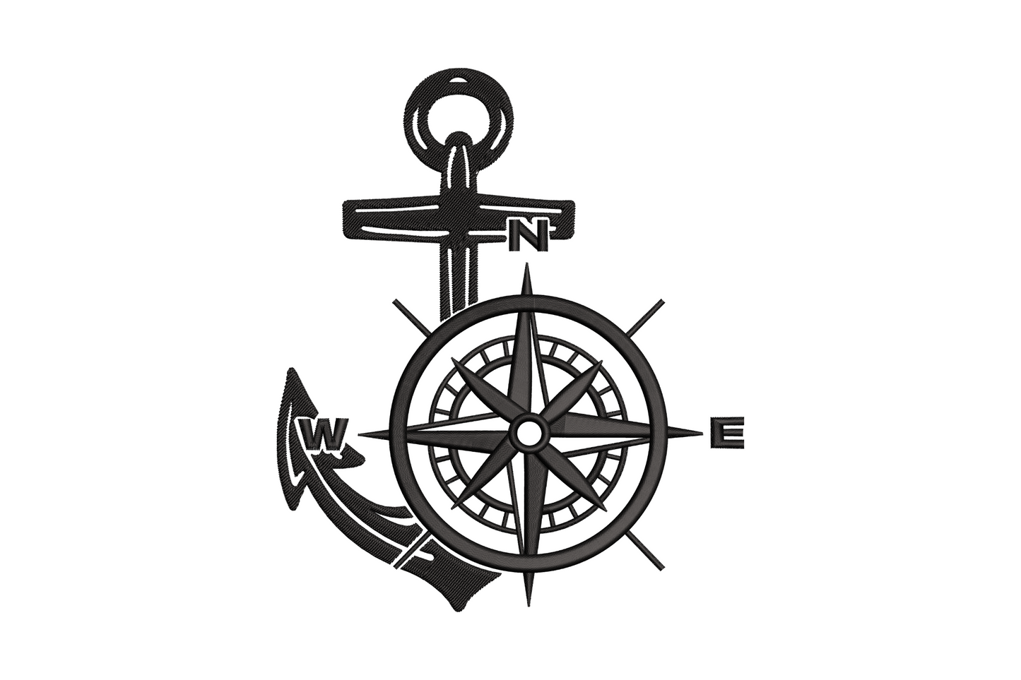 Anchor compass rose nautical embroidery design, anchor shaft through compass ring with N W E cardinal points and directional starburst, black thread
