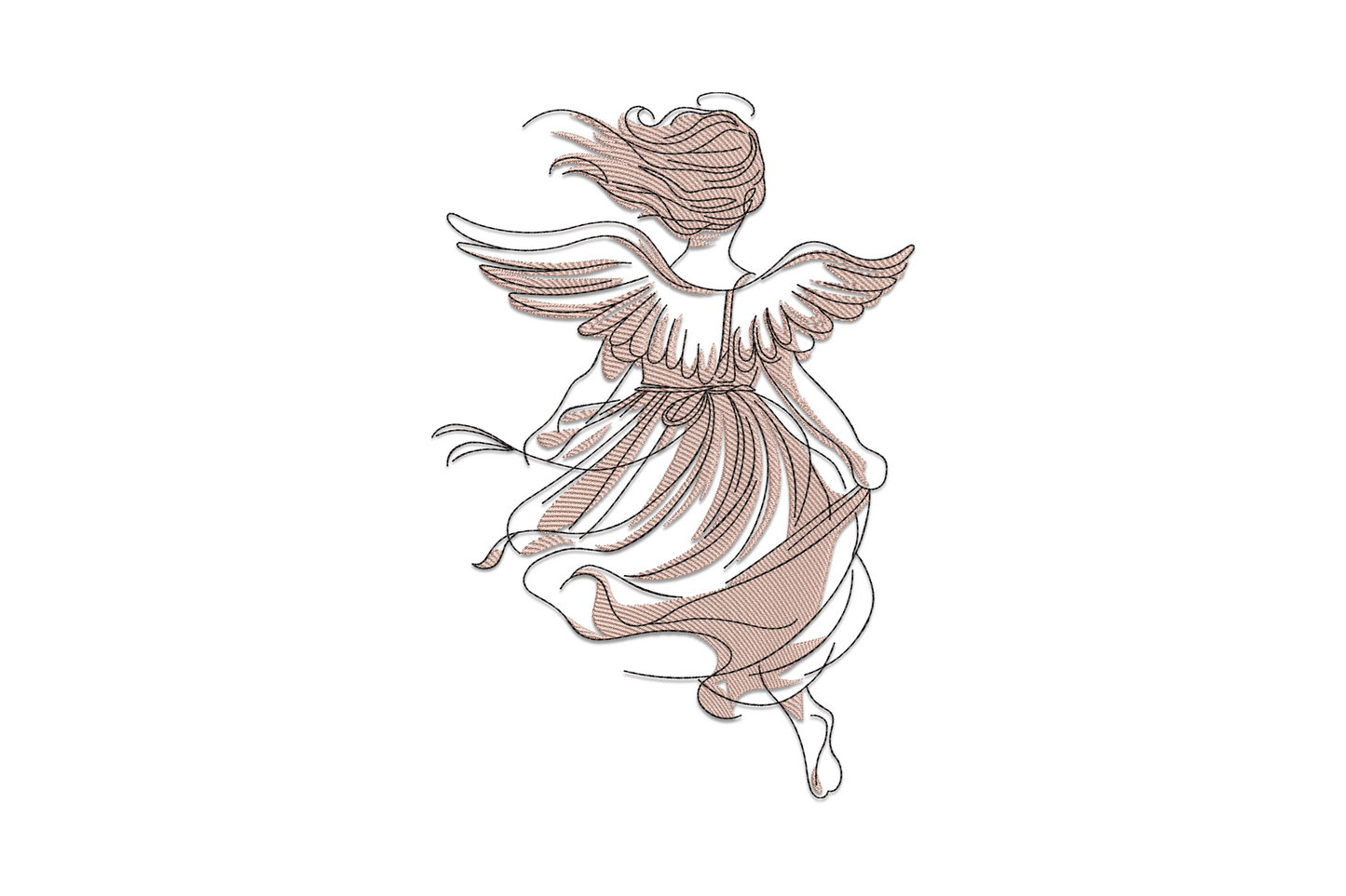 Simple angel girl with spread wings and gold halo embroidery design in two colours on white linen with delicate outline detail