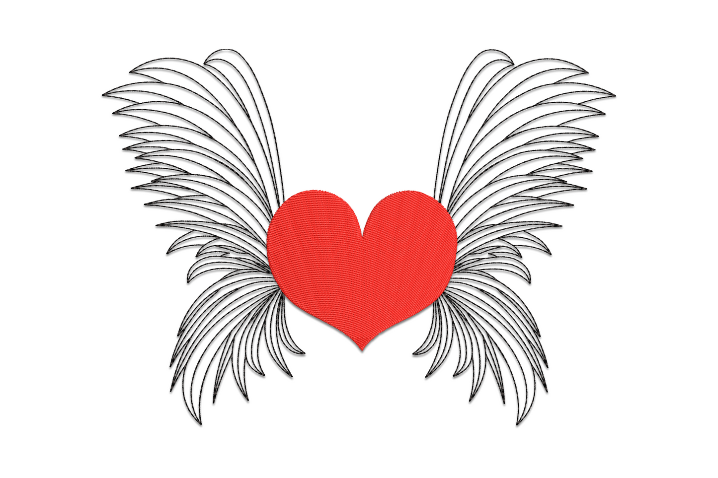 Machine embroidery angel wings spread wide with a heart centered between them in cream and red thread on white fabric