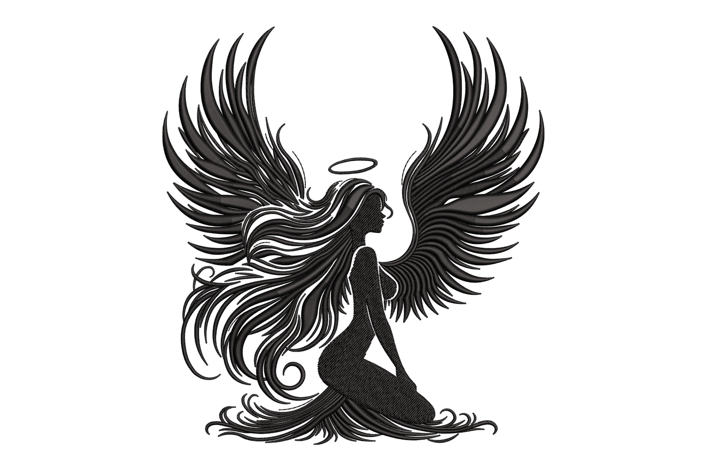 Angel woman silhouette machine embroidery, large spread wings and flowing gown in single colour thread