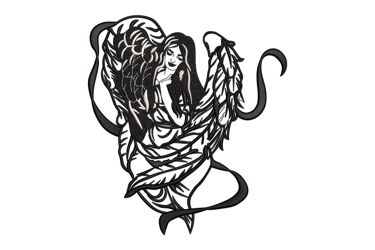 Angel woman embroidery design showing a seated figure with long dark hair and large feathered wings wrapping forward, in bold black and white tattoo-art style.