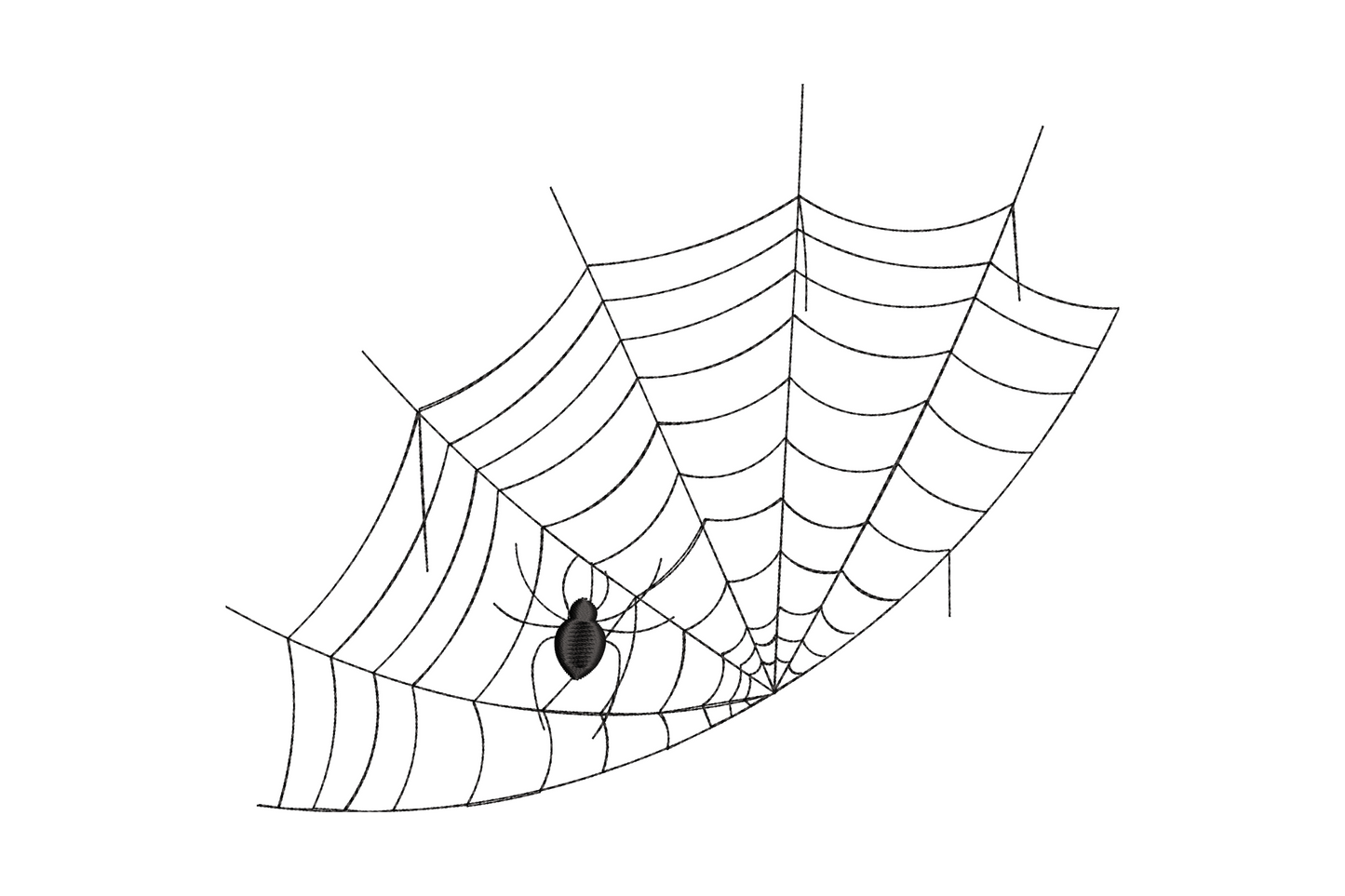 Angled spider web embroidery design with hanging spider in black thread, halloween pattern