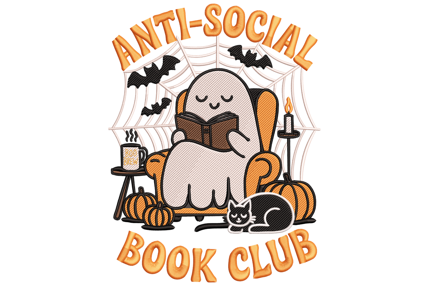 Anti-Social Book Club Ghost embroidery design with ghost reading in armchair, black cat, pumpkins, spiderweb and orange bubble letter text.