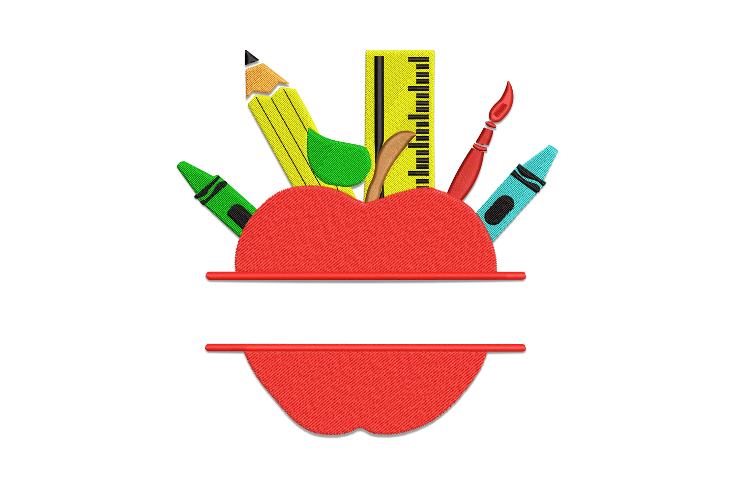 Split apple teacher embroidery design, red satin apple with pencil, ruler and paintbrush fanning out top, monogram name space below.