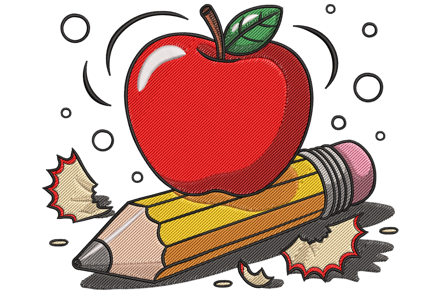 Apple and pencil school embroidery design with bright red satin fill apple and yellow diagonal pencil, 19 colours with shading detail.