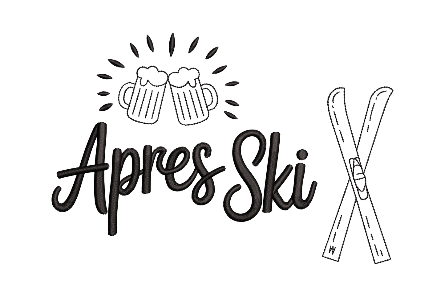 Illustration of 'Apres Ski' with skis, beer mugs, and decorative elements embroidery design