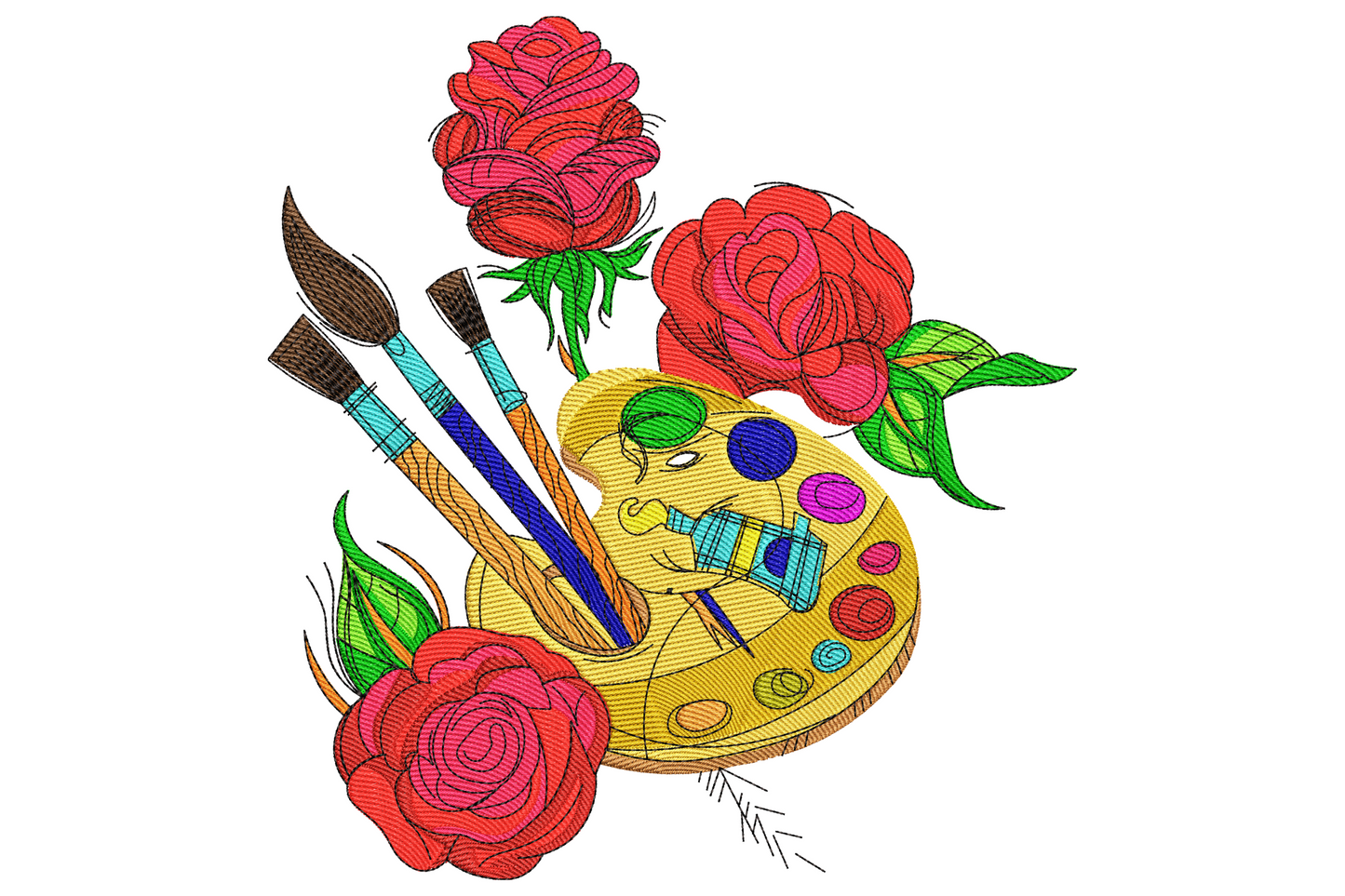 Embroidery design of a wooden artist palette with multicolour paint dabs, two angled brushes and a cluster of pink roses with sage leaves.