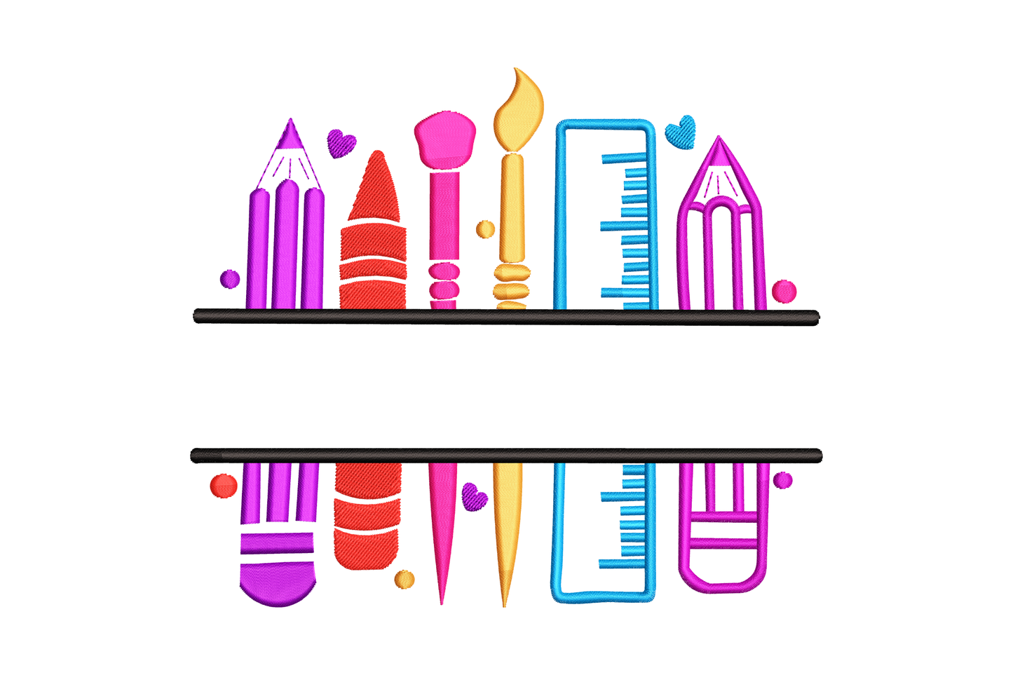 Art supplies shelf embroidery design with pencils, crayon, ruler, and paintbrushes in purple, red, orange, and blue