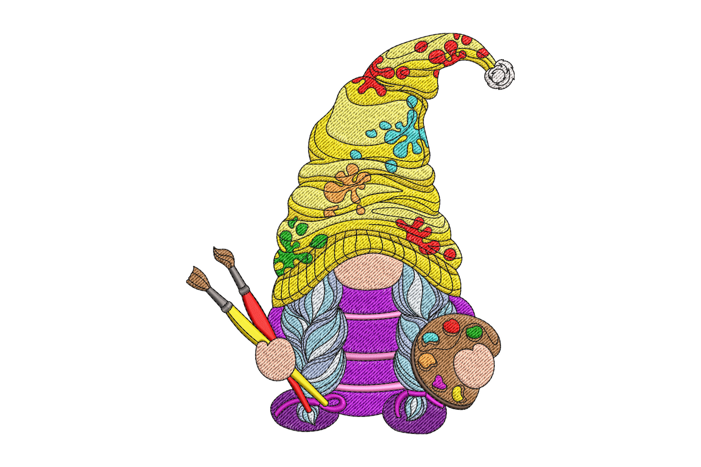 Artist gnome embroidery design with yellow paint-splattered hat, purple robe, three paintbrushes and a colour palette in 20 thread colours.
