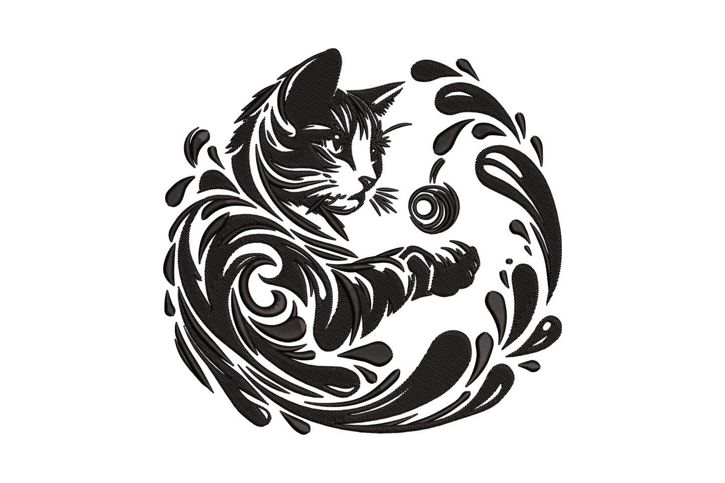 Artistic cat playing with yarn embroidery design, high-density blackwork cat curled in swirling flourish composition, one paw reaching toward yarn ball.