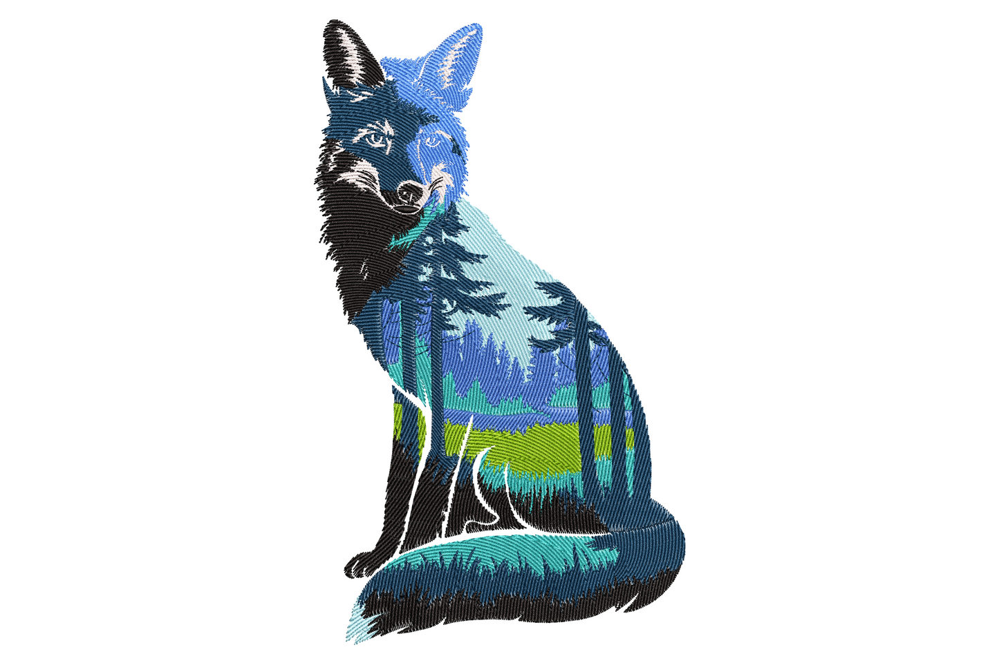 Machine embroidery design, fox silhouette filled with pine forest scene, eight colors, double exposure wildlife art