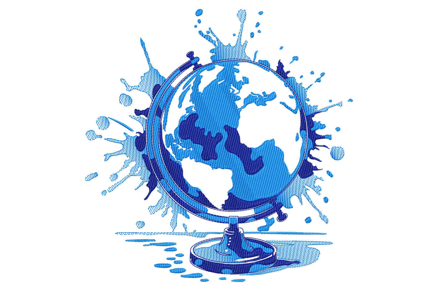 Artistic world globe splash embroidery in 2 shades of blue with engraved continents and ink droplets bursting outward.