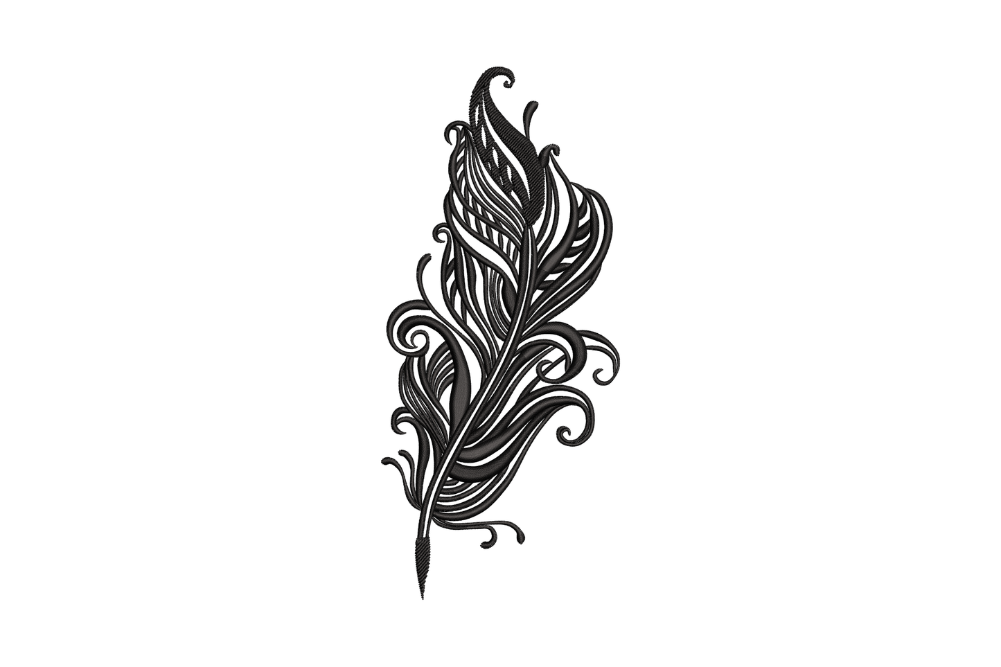 Artistic swirl feather embroidery design, baroque henna style black scrollwork curls layered into a tall feather.