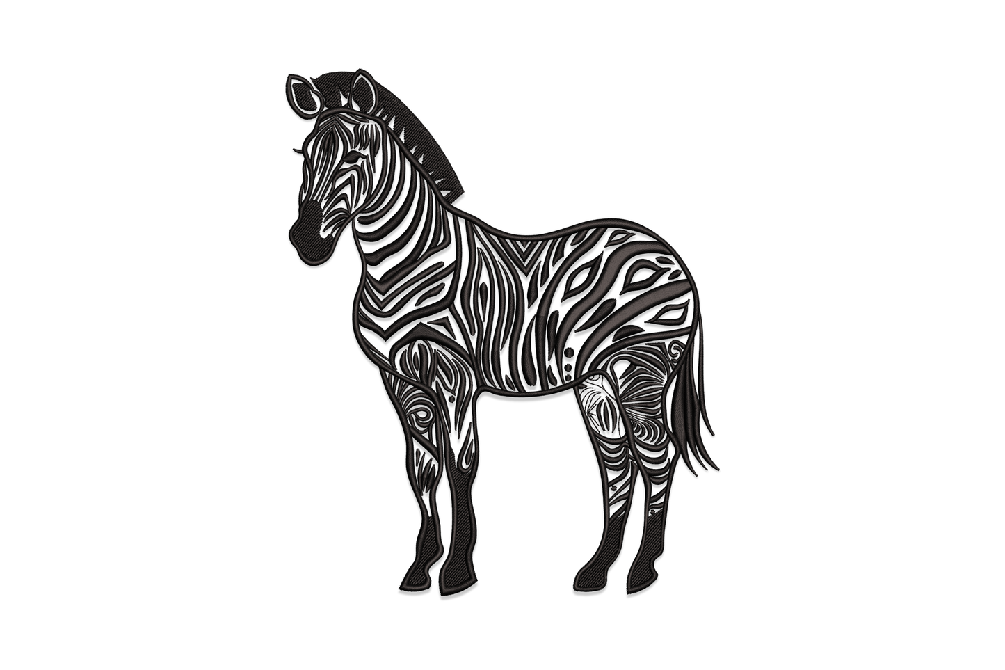 Artistic zebra embroidery design with flowing tribal stripe pattern in single black thread, 5 sizes from 4 to 8 inches.