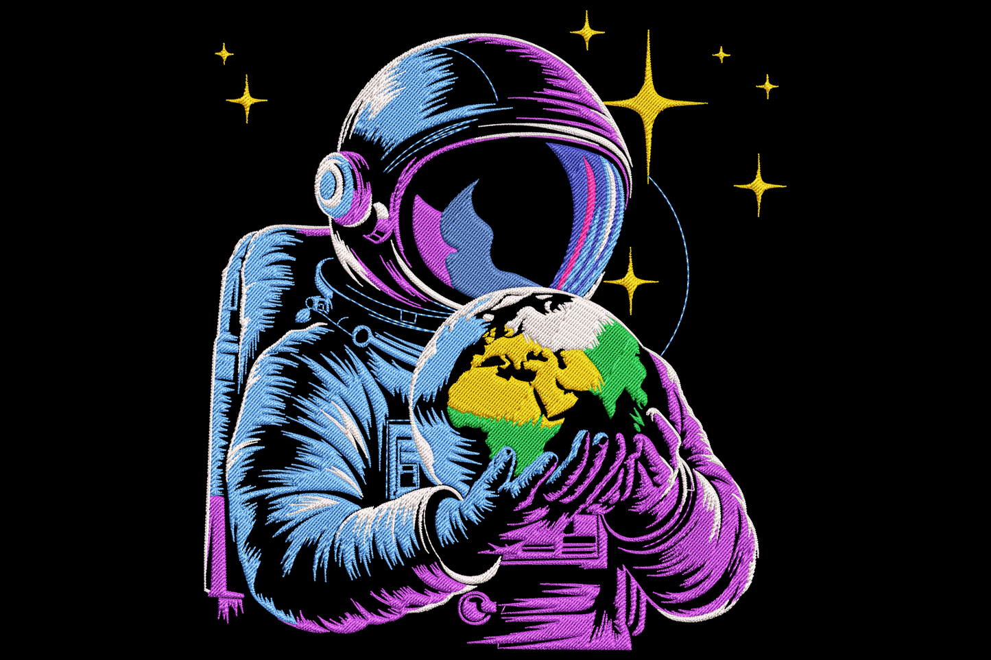 Astronaut holding earth embroidery design, comic halftone figure cradling green and yellow planet on black starry void.