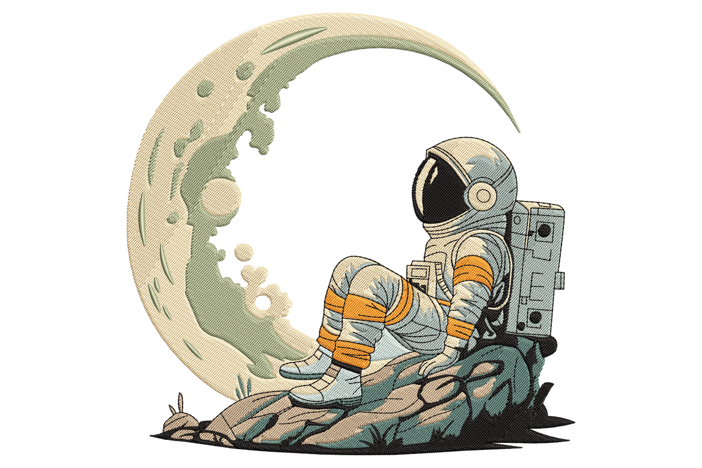Astronaut in white spacesuit sitting on a crescent moon with stars, dreamy illustrated style, machine embroidery design
