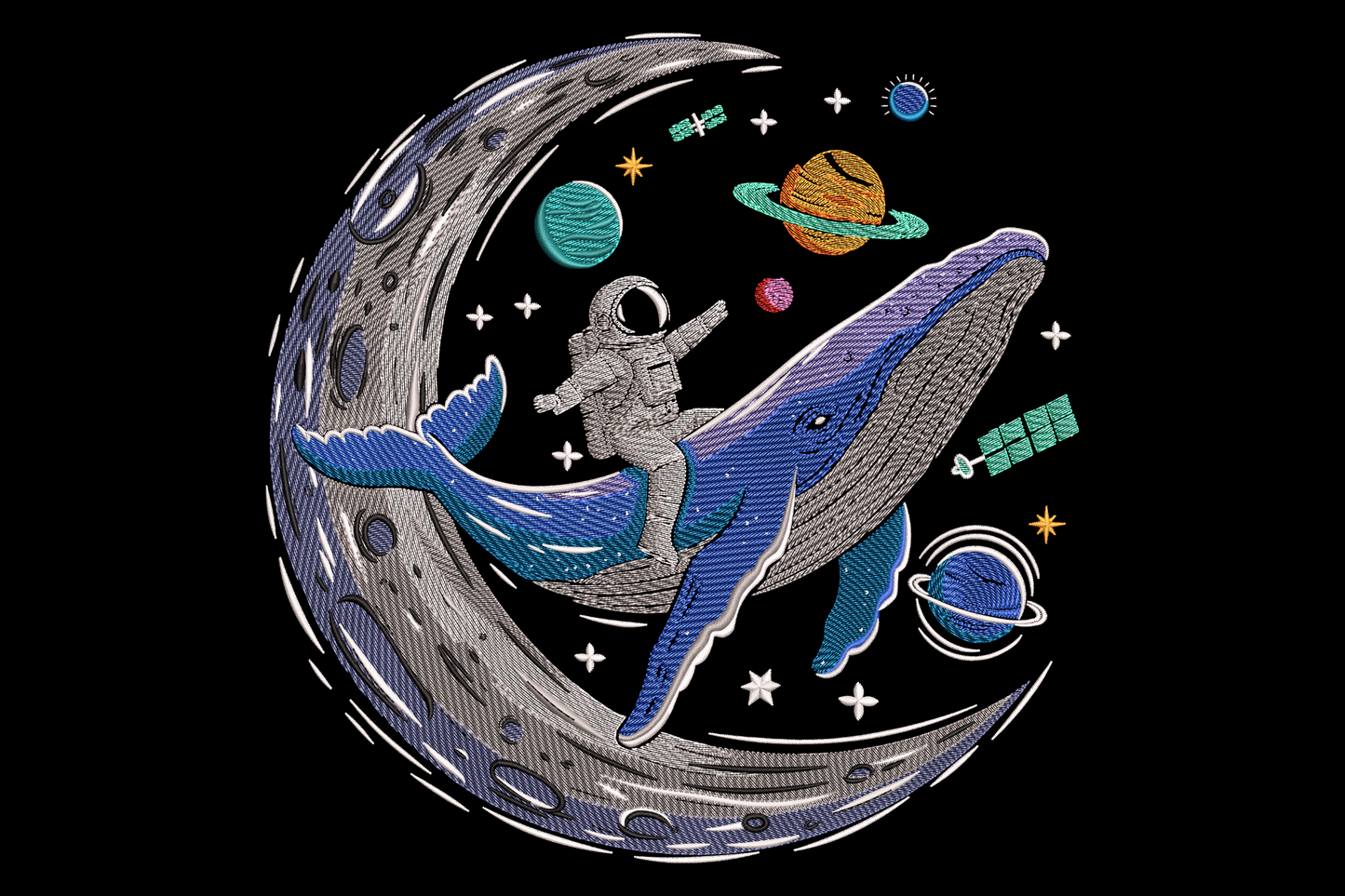Astronaut on a blue humpback whale over a crescent moon, with coloured planets, stars and a satellite. 15-colour embroidery.