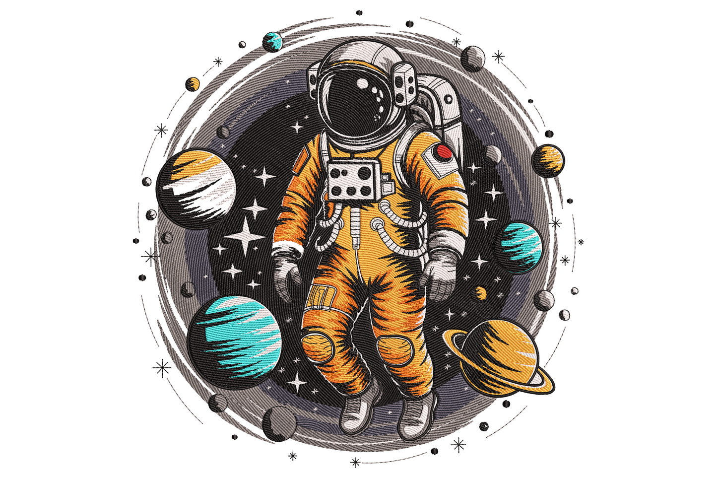 Astronaut in space embroidery design, orange spacesuit floating among planets and stars in a circular galaxy scene