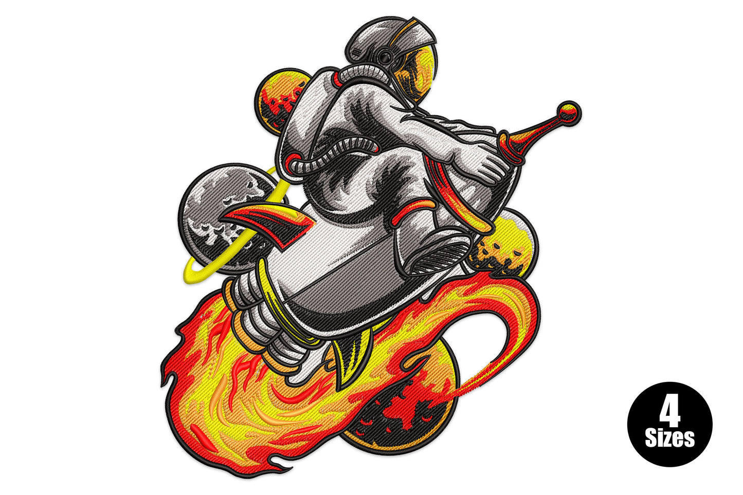 Astronaut riding rocket with orange-red fire blast embroidery design, 6 colours, 50525-84252 stitches, 4 sizes 5-8 inch