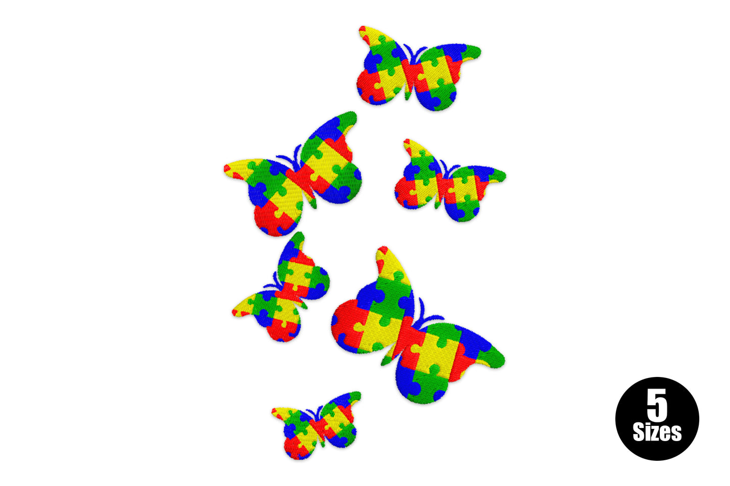 Autism awareness butterfly embroidery design with puzzle-piece wings in red, yellow, blue and green, six butterflies scattered across the hoop.