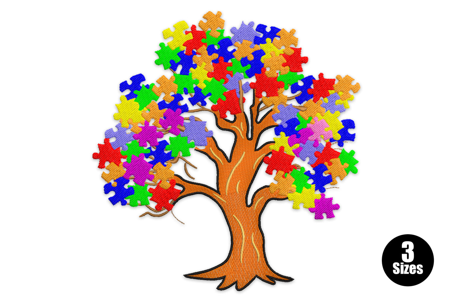 Autism awareness puzzle tree embroidery design with a brown trunk and a full canopy of interlocking puzzle pieces in 12 bright colours.