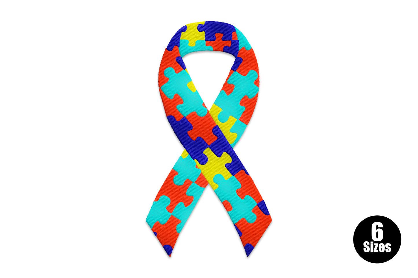 Autism awareness ribbon embroidery design with the ribbon shape filled with red, teal, yellow and navy interlocking puzzle pieces.