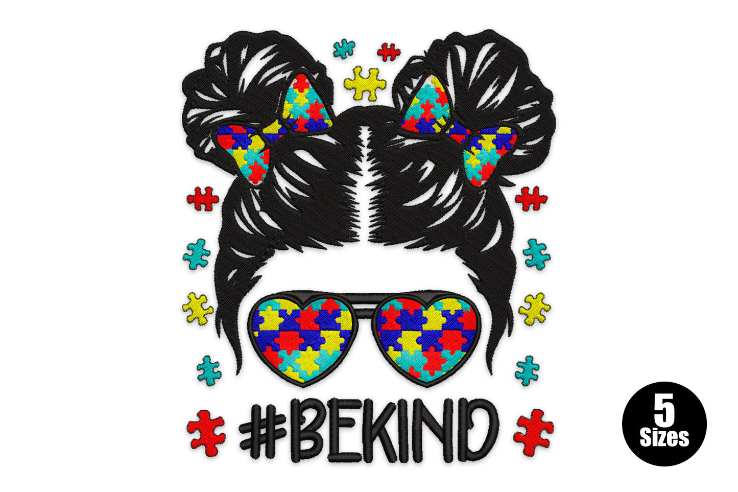 Autism awareness embroidery design featuring a messy bun girl with rainbow puzzle piece bows, heart-shaped puzzle sunglasses and #BEKIND text in black and rainbow colours.