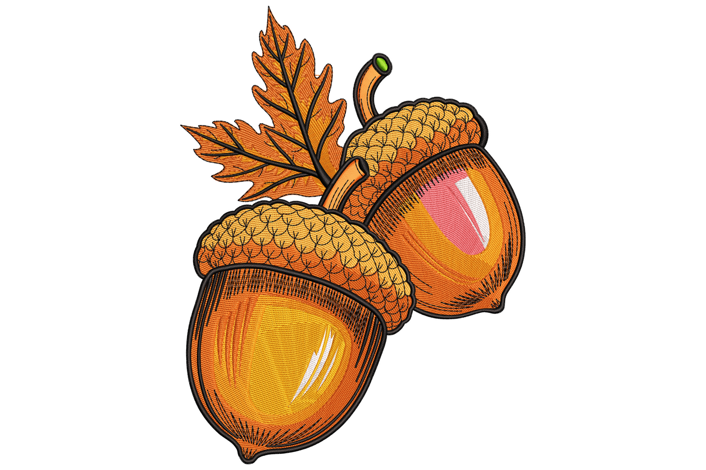 Autumn acorns embroidery with textured caps and oak leaves in amber, burnt sienna, blush and black.