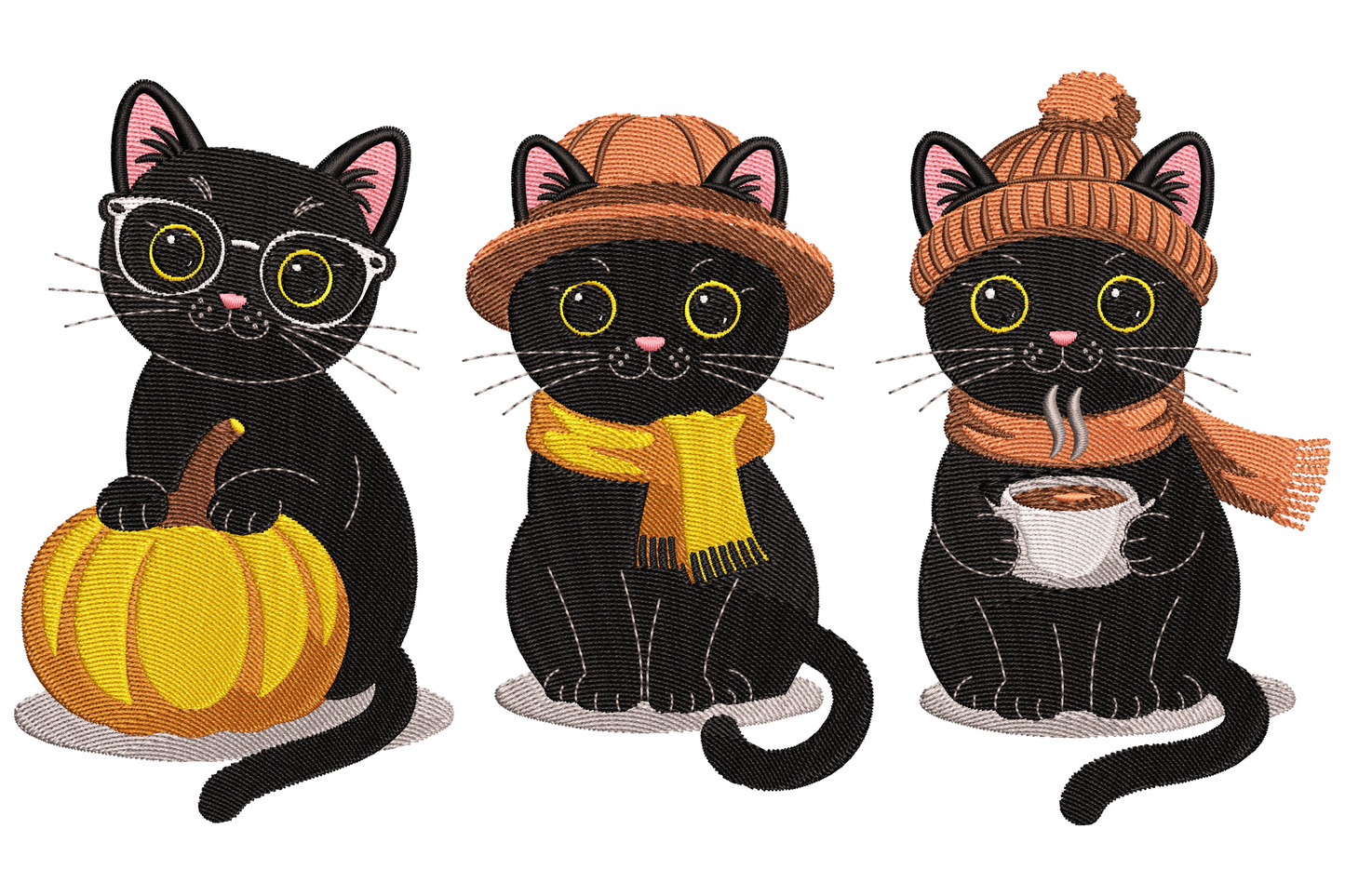 Autumn black cat trio embroidery showing three cats in different poses beside pumpkins with fall leaves and berries in orange, olive, and cream on cream fabric.