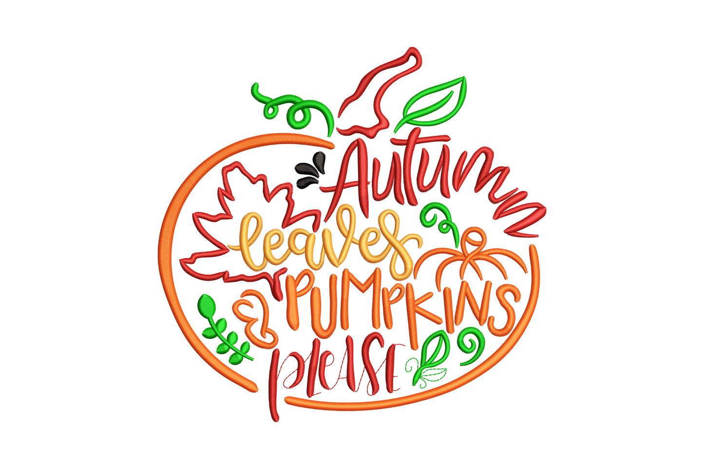 Autumn Leaves Pumpkins Please typographic embroidery with maple leaf clusters, burnt orange and terracotta lettering.