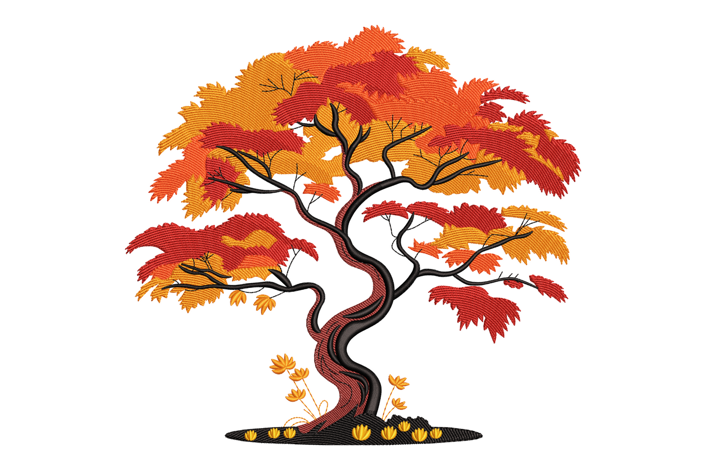 Autumn maple tree embroidery, bonsai-style twisting brown trunk with orange yellow red leaf clusters and fallen leaves on a green grassy mound base