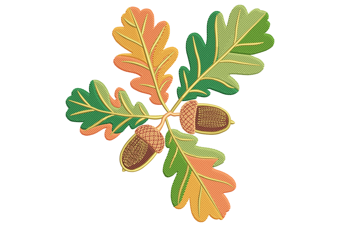 Autumn oak leaves and acorns embroidery design, botanical cluster of lobed oak leaves and textured acorns in 9 bronze and rust autumn colours.