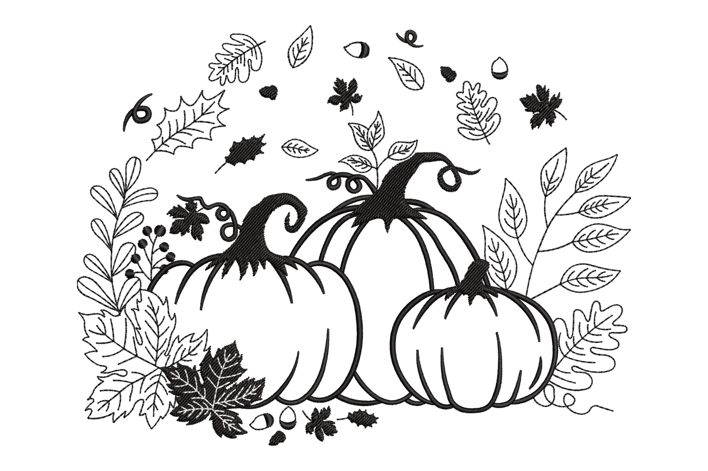 Autumn pumpkin botanical line art machine embroidery design in 2 colours with vine stem and leaf details, shown on cream linen background, 5 sizes from 2.7 to 5.7 inches wide
