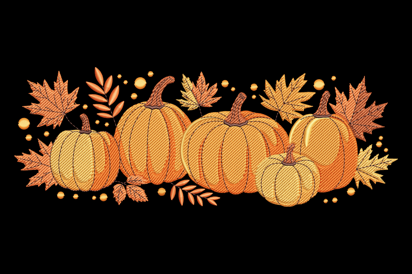 Wide horizontal pumpkin patch banner design, row of pumpkins with leafy vines in deep orange, burnt sienna and olive green, textured fill on white background.