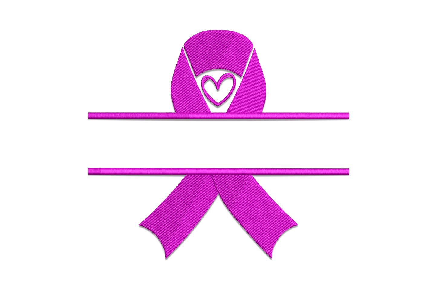 Awareness ribbon folded into a heart frame embroidery design, single colour satin fill, 5 sizes 3 to 6.5 inches