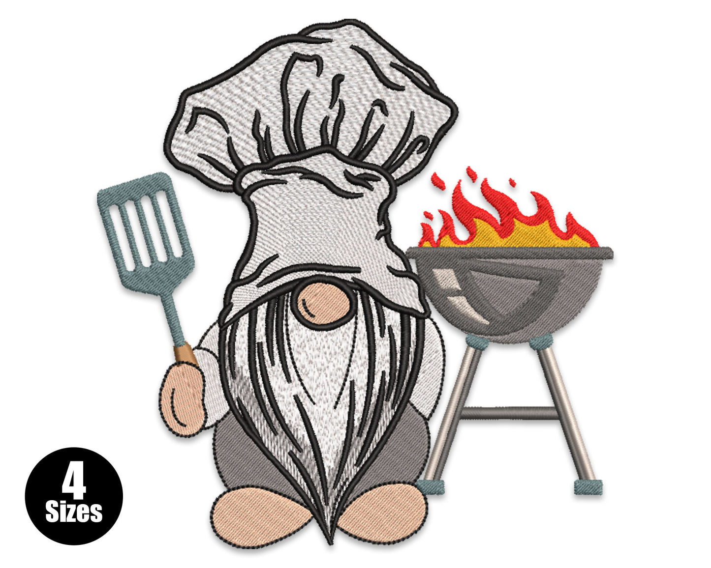 BBQ chef gnome embroidery holding spatula in chef hat and grilling apron, standing at a grill in 10 thread colours.