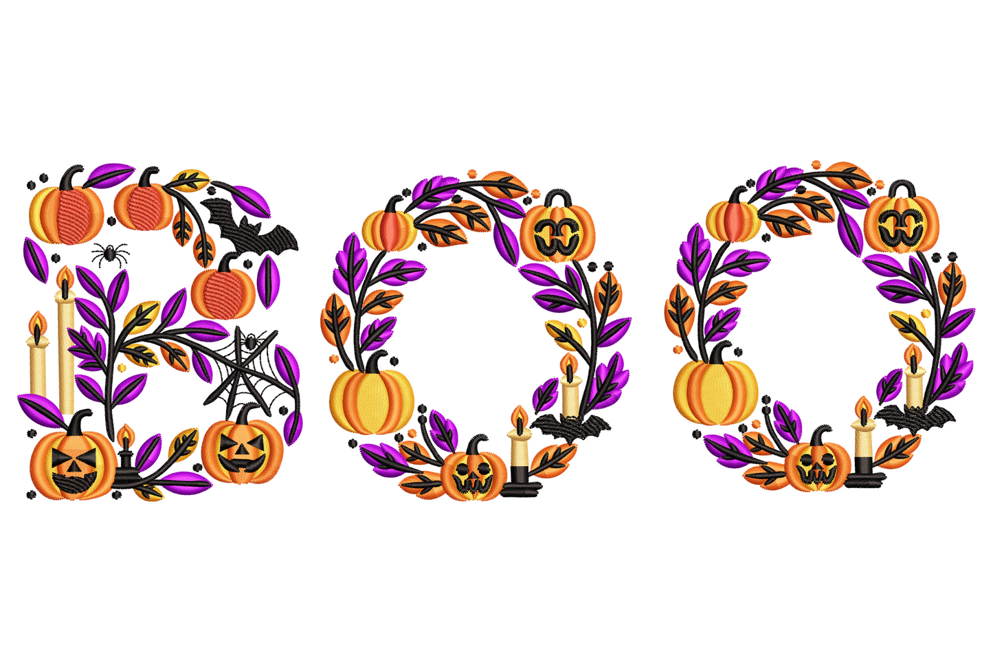 BOO halloween wreath letters with pumpkins, bats, cobwebs, candles and purple foliage, orange and black, machine embroidery.